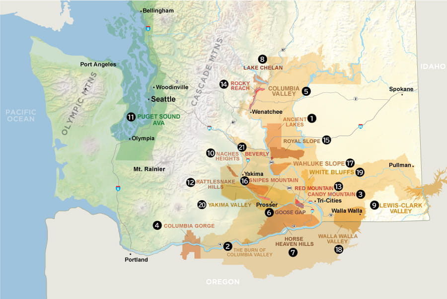 ワシントン州のAVA地図